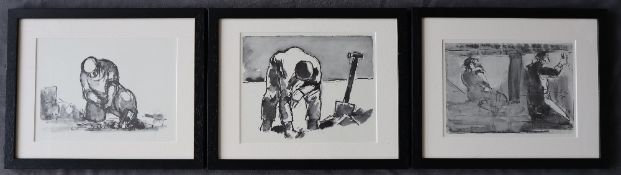 Josef Herman Two kneeling miners at work underground open edition print 17.5 x 25.