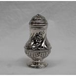 A George II silver bun top castor with shell and foliate decoration of baluster outline to a