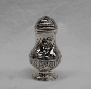 A George II silver bun top castor with shell and foliate decoration of baluster outline to a