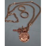 A 9ct yellow gold necklace, together with a St Christopher and two other pendants,