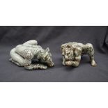 A pair of continental pottery anthropomorphic leopards, with the head and fore limbs of a leopard,