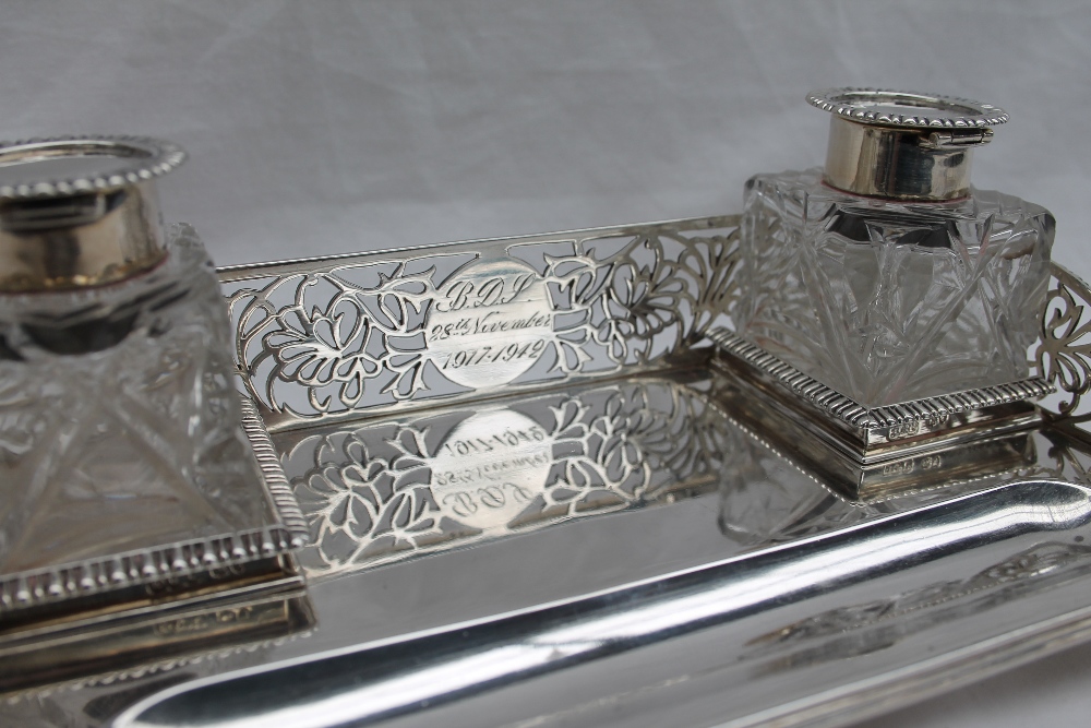 A late Victorian silver desk standish, of rectangular form, with a pierced three quarter gallery, - Image 2 of 4