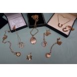 Assorted 9ct yellow gold necklaces some set with pendants, locket etc,