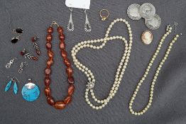 Assorted costume jewellery including faux pearls, earrings, necklace, cameo, pendant,