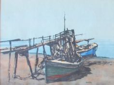 Gyrth Russsell (1892 - 1970) Boats at low tide with a jetty alongside Watercolour Signed 27x