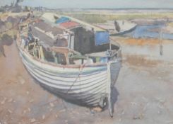 Gyrth Russell (1892 - 1970) A moored boat with a river in the background Watercolour Signed 27 x