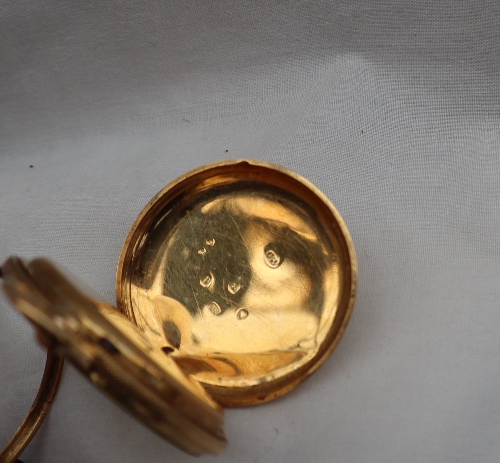 A George V 18ct yellow gold fob watch, the gold dial with Roman numerals and leaf decoration, - Image 4 of 4