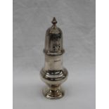 A George V silver sugar caster, with a turned finial above a baluster body and spreading foot,