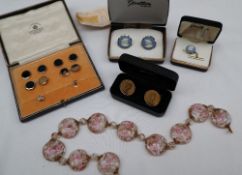 Mappin and Webb 9ct gold and hard stone shirt studs and cuff links, together with a glass necklace,