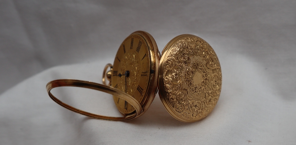 A George V 18ct yellow gold fob watch, the gold dial with Roman numerals and leaf decoration, - Image 3 of 4