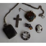 A Victorian silver vesta case, together with a chain, silver cross, moonstone brooch,