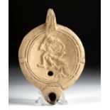 Roman Pottery Oil Lamp with Warrior and Bird