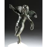 Large Roman Bronze Cupid in Motion Holding Wreath & Cup