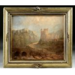 19th C. German Painting of Castle w/ Antique Gilt Frame