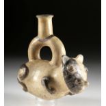 Adorable Inca Pottery Stirrup Bottle in Feline Form