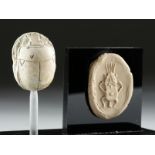 Egyptian Glazed Steatite Scarab Amulet w/ Bes Engraving