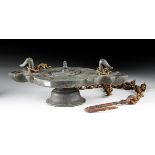 Roman Bronze Double Spouted Hanging Oil Lamp w/ Ducks