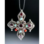 19th C. Russian Silver Cross w/ Coral & Turquoise