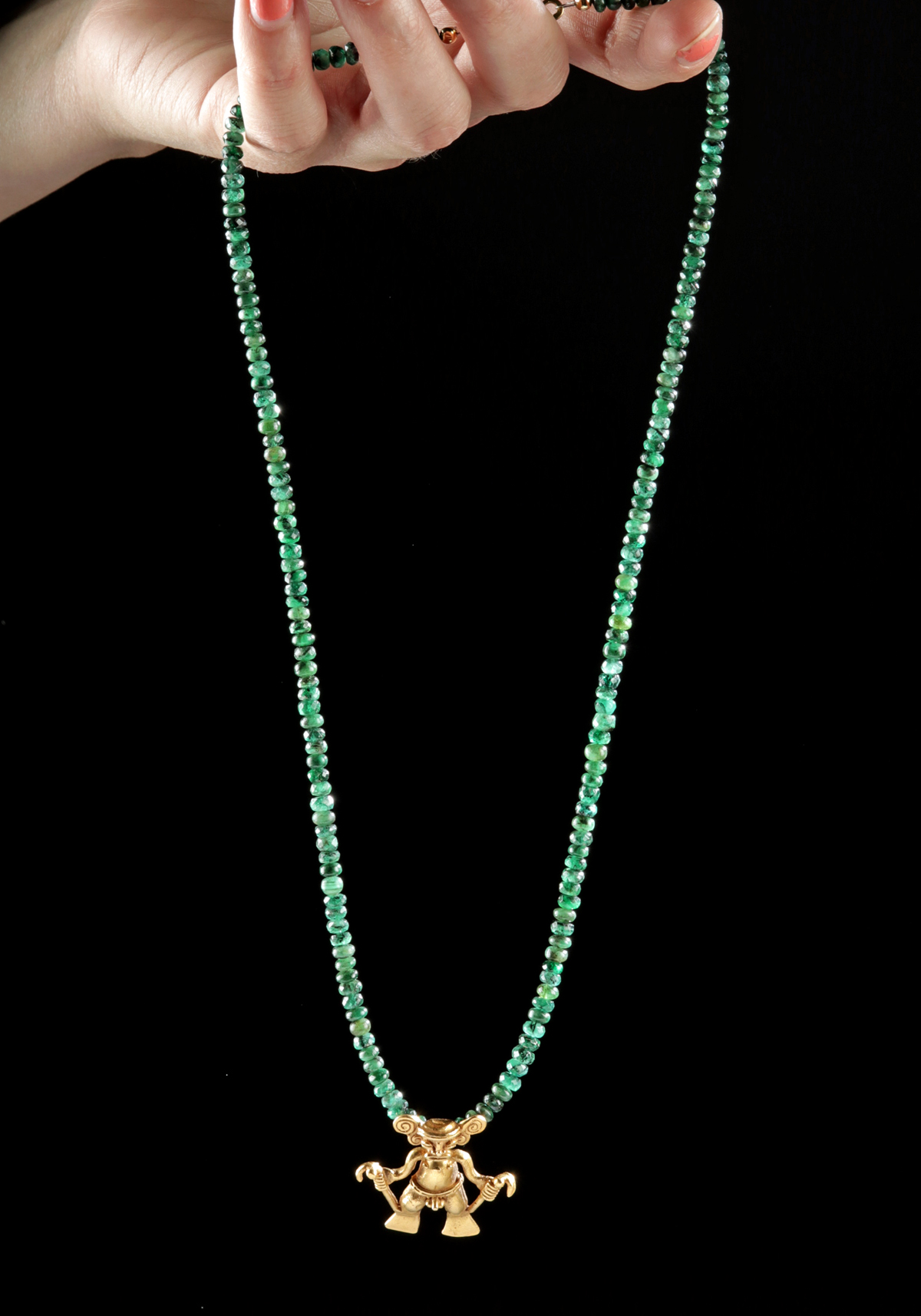 Necklace w/ Ancient Panamanian Gold Amulet & Emeralds - Image 2 of 5