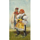 JOŽA ÚPRKA 1861 - 1940: A COUPLE IN FOLK COSTUME After 1910 Oil on paperboard 27 x 15,5 cm Signed