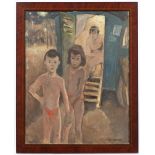 OSKAR MATYSEK 1885: CHILDREN BY THE CARAVAN 1920s Oil on plywood 60 x 47,5 cm Signed lower right: "