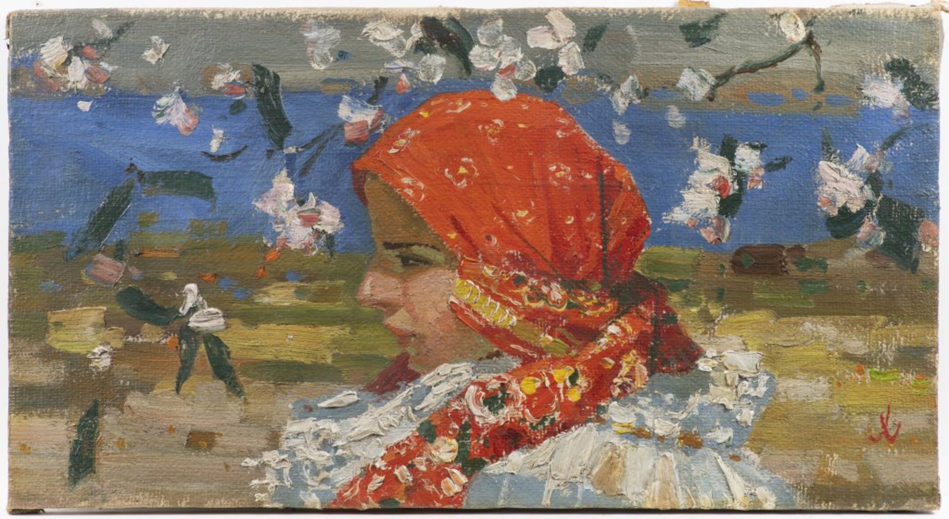 JOŽA ÚPRKA 1861 - 1940: YOUNG WOMAN WITH BLOSSOMS Ca. 1910 Oil on canvas 32 x 59 cm Signed lower