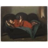 JOSEF MULTRUS 1898 - 1957: YOUNG WOMAN RECLINING WITH A BOOK 1924 Oil on wood panel 21,5 x 26,5 cm