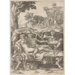 GIORGIO GHISI 1520 - 1582: PSYCHE AND EROS (CUPID) WITH DAUGHTER HEDONE 1574 Copper engraving 33 x