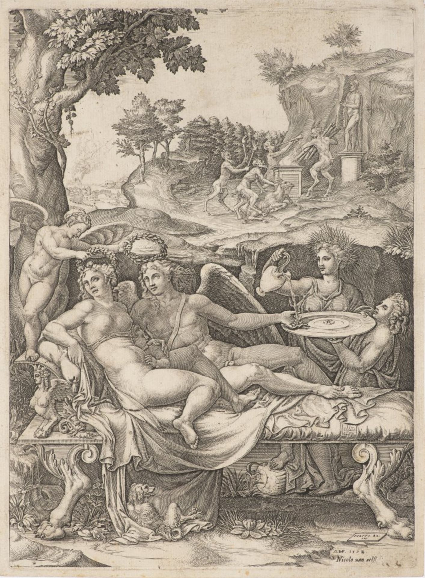GIORGIO GHISI 1520 - 1582: PSYCHE AND EROS (CUPID) WITH DAUGHTER HEDONE 1574 Copper engraving 33 x