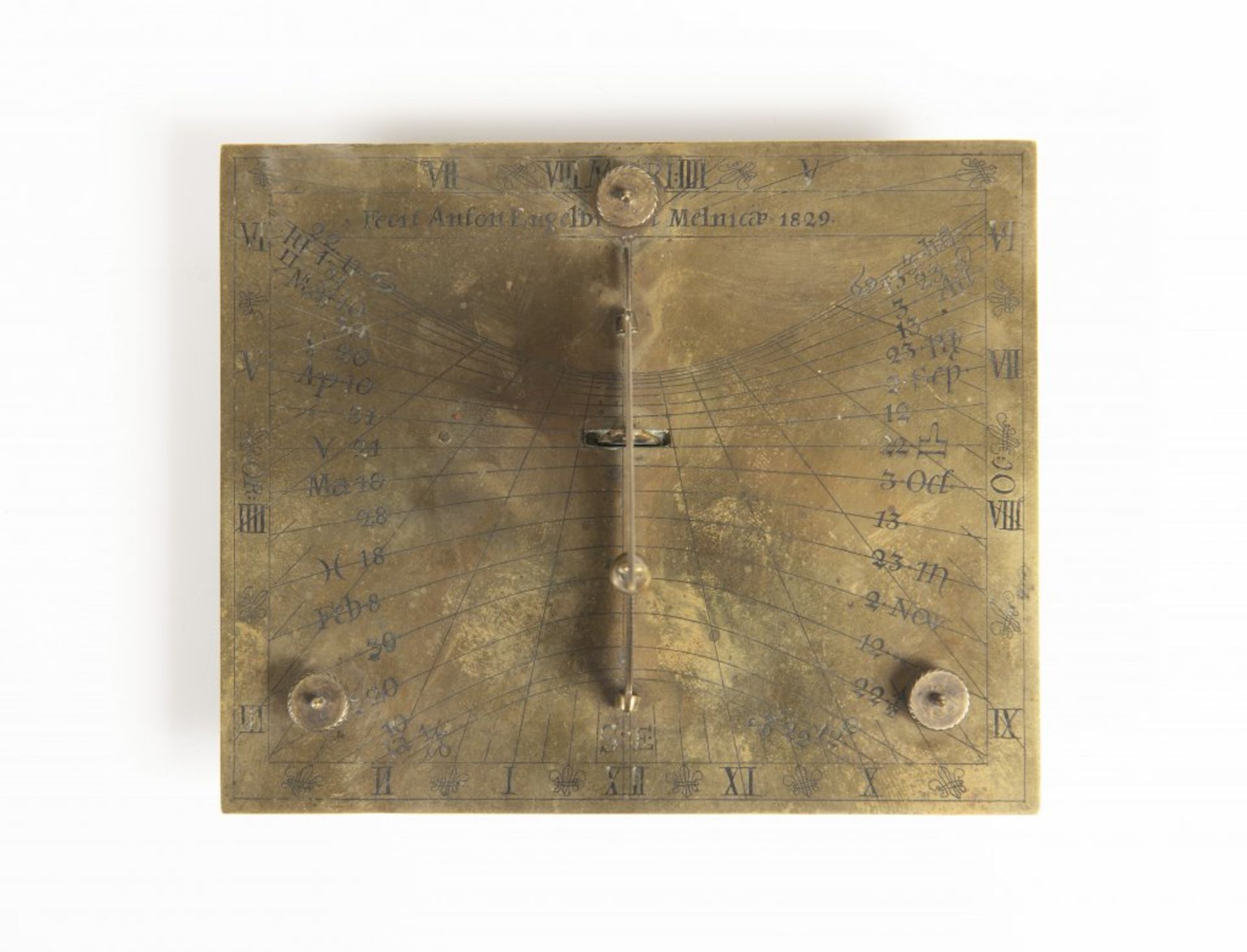 ANTON ENGELBRECHT 1780 - 1831: A SUNDIAL 1829 Bohemia Mìlník Brass 9 x 13 x 10 cm This engraved - Bild 2 aus 2