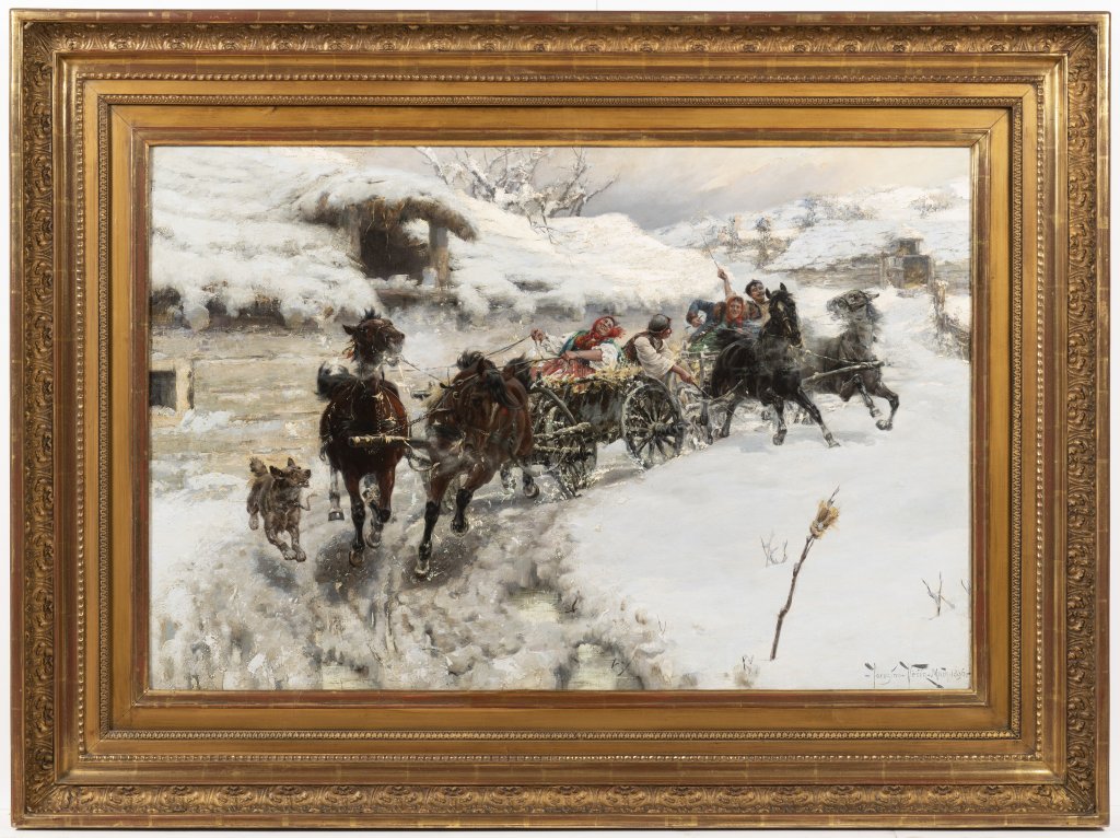 JAROSLAV VÌŠÍN 1859 - 1915: RIDING IN WINTERTIME 1896 Oil on canvas 61 x 91 cm Signed lower right "