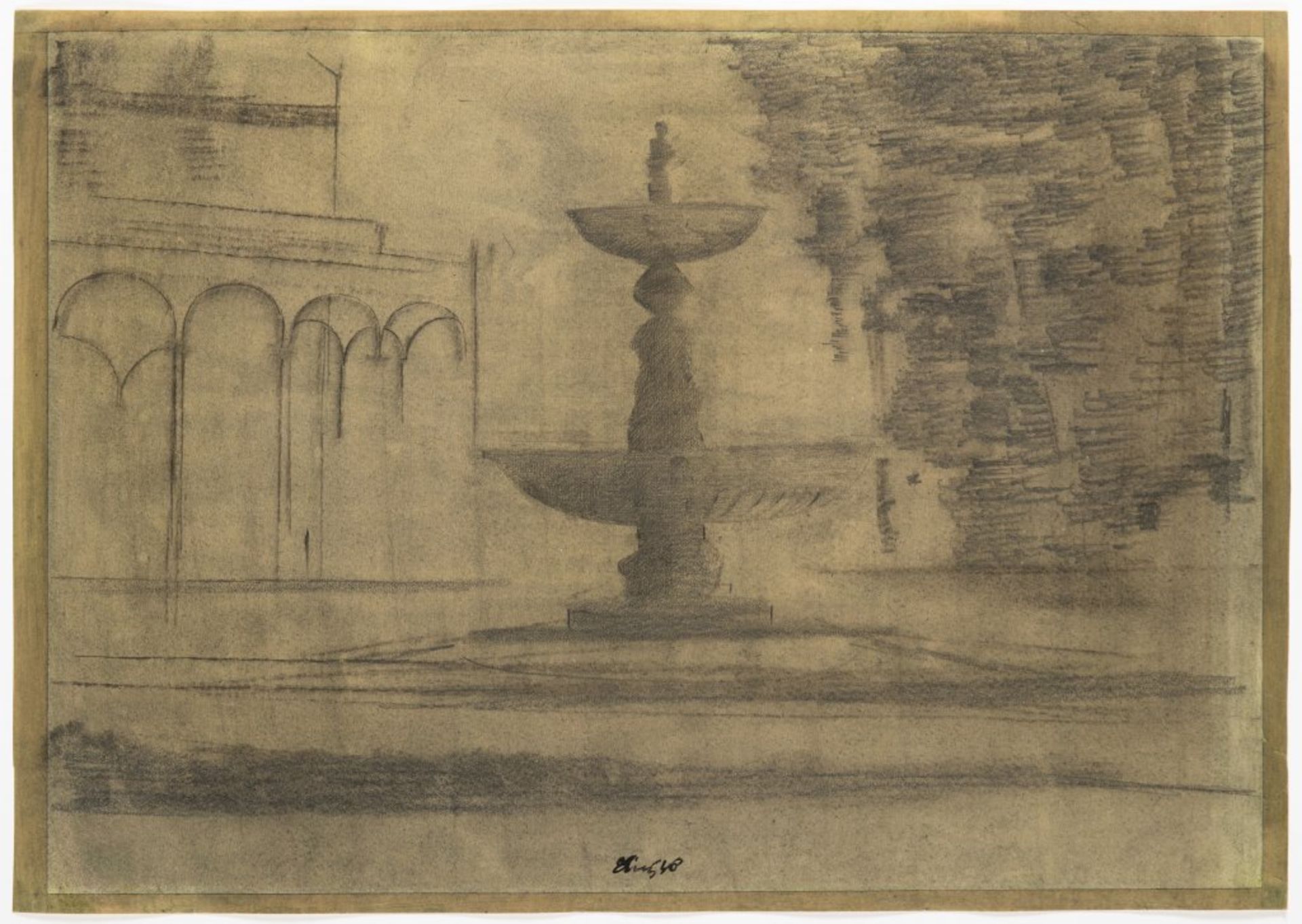 FRANTIŠEK TICHÝ 1896 - 1961: BELVEDERE WITH FOUNTAIN 1946 Pencil and charcoal on paper 36,5 x 53