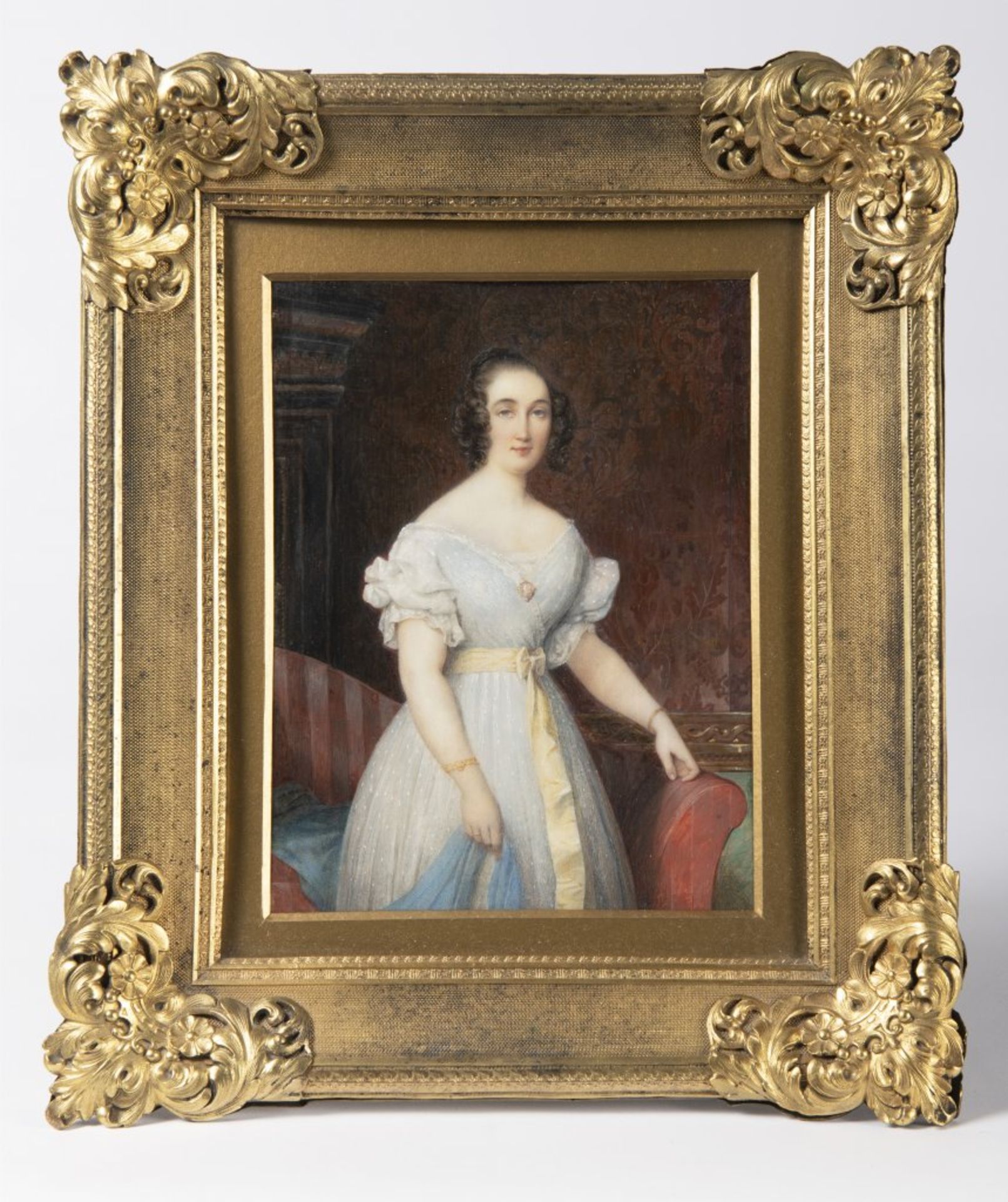 ÉTIENNE BOUCHARDY 1797 - 1849: MINIATURE OF A YOUNG LADY IN A WHITE DRESS 1840 Watercolor and