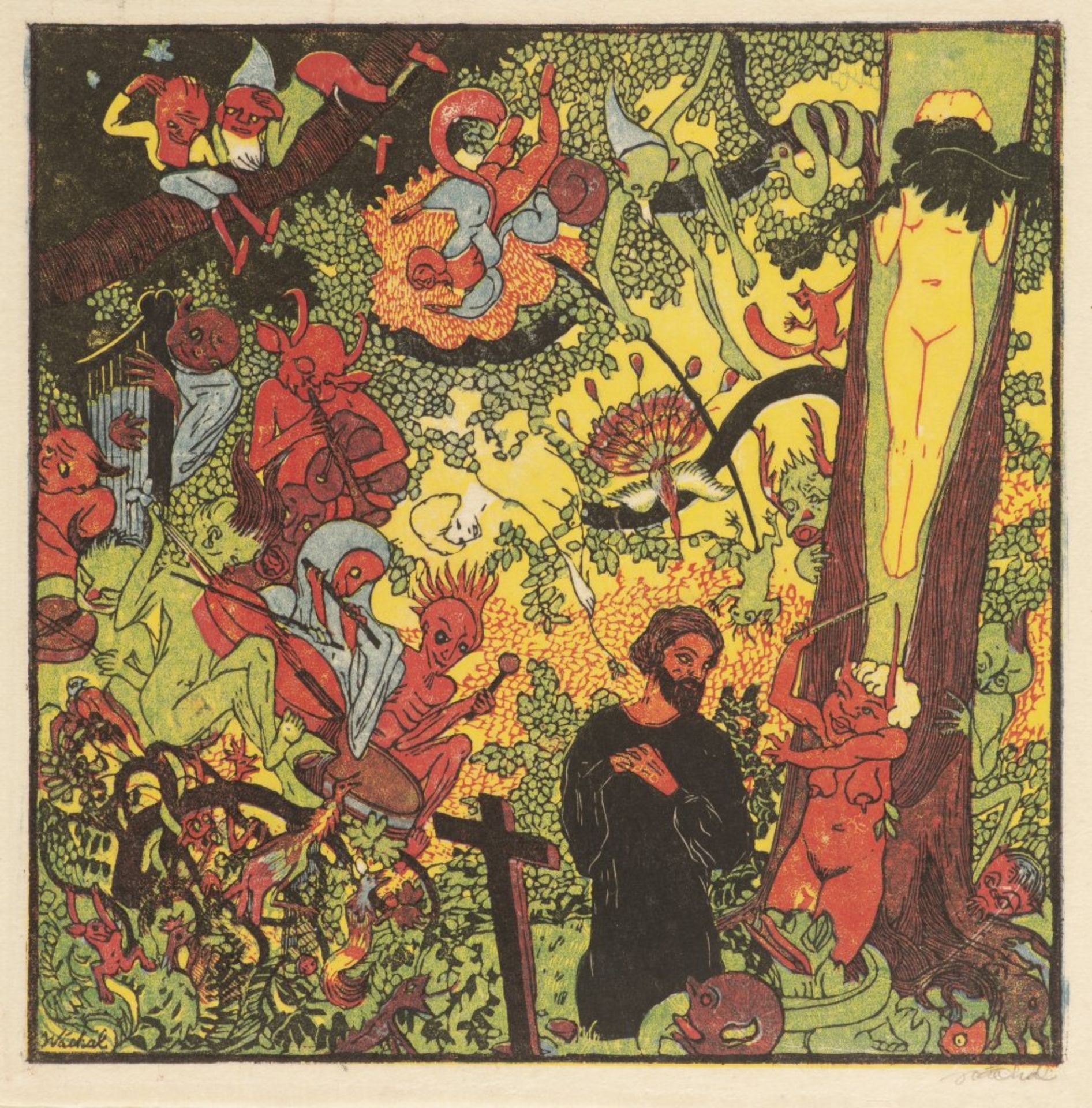 JOSEF VÁCHAL 1884 - 1969: THE TEMPTATION OF ST. ANTHONY 1912 Colored woodcut on paper In frame: 22 x