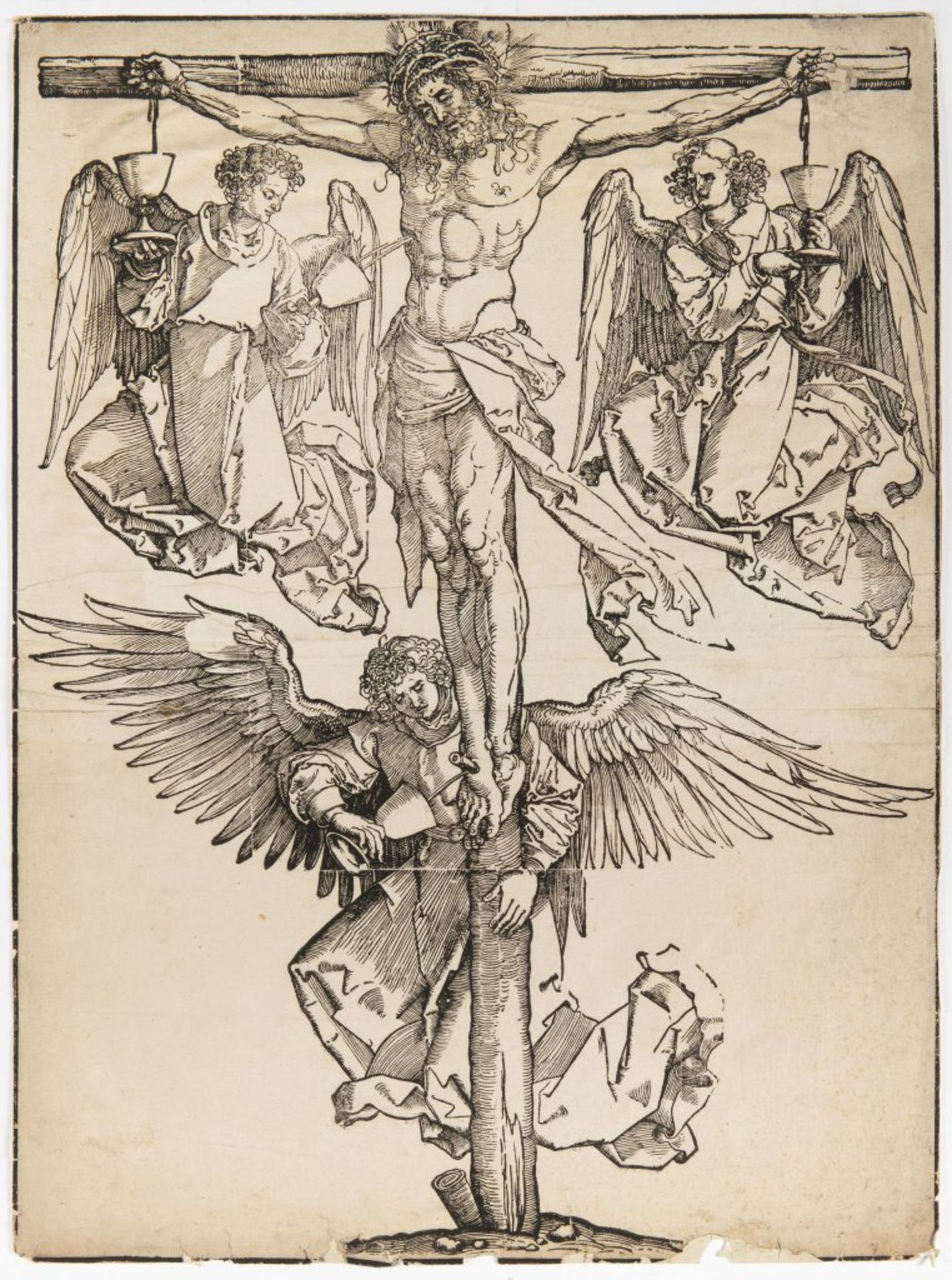 ALBRECHT DÜRER 1471 - 1528: CHRIST ON THE CROSS WITH THREE ANGELS Early 16th century Woodcut 58 x 42