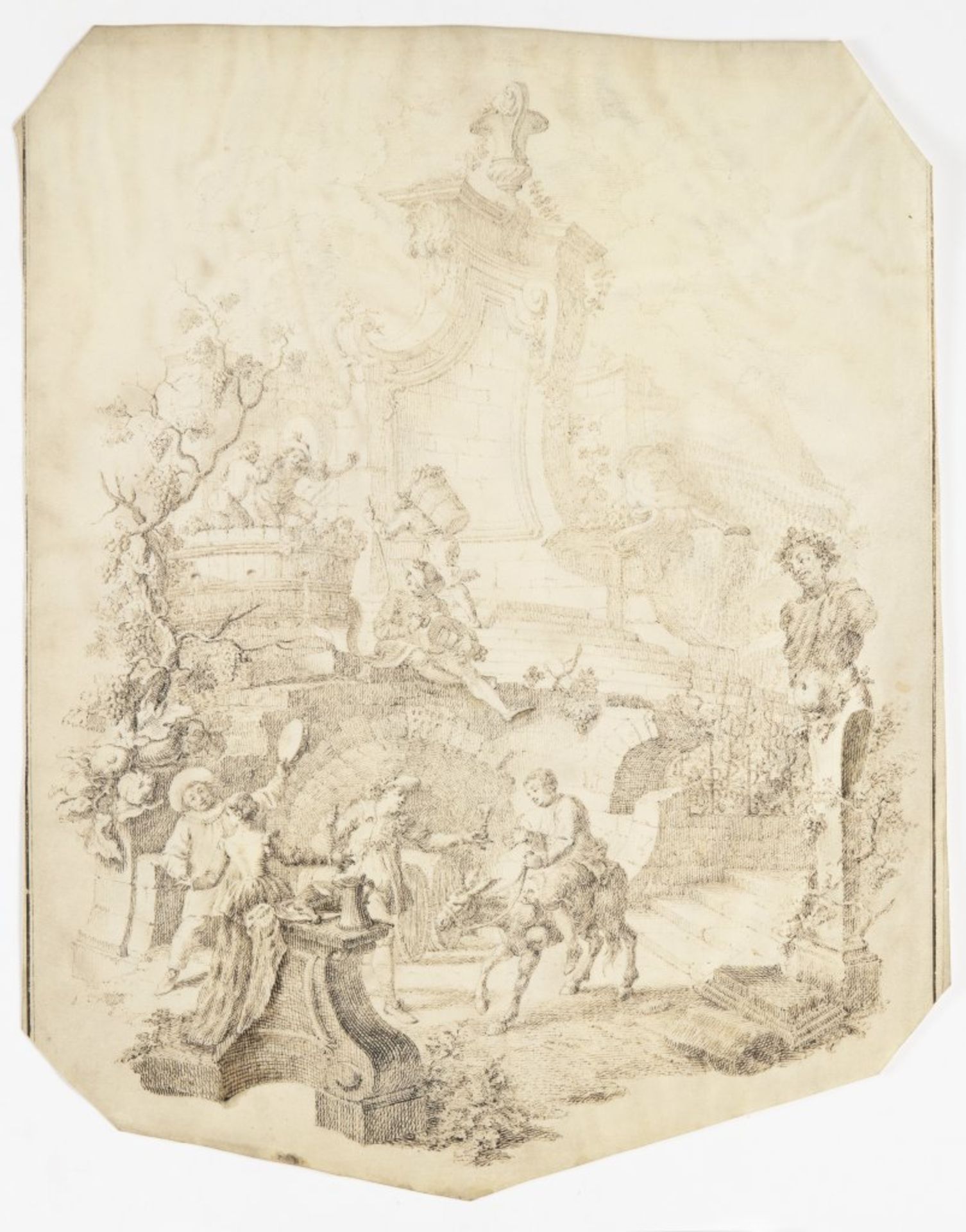 FRANCOUZSKÁ ŠKOLA: GRAPE HARVEST 18th century Pen and ink drawing on parchment 40 x 31 cm Gallant