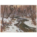 JAROSLAV PANUŠKA 1872 - 1958: WINTER LANDSCAPE WITH A BROOK Ca. 1910 Oil on card 49,5 x 66 cm Signed