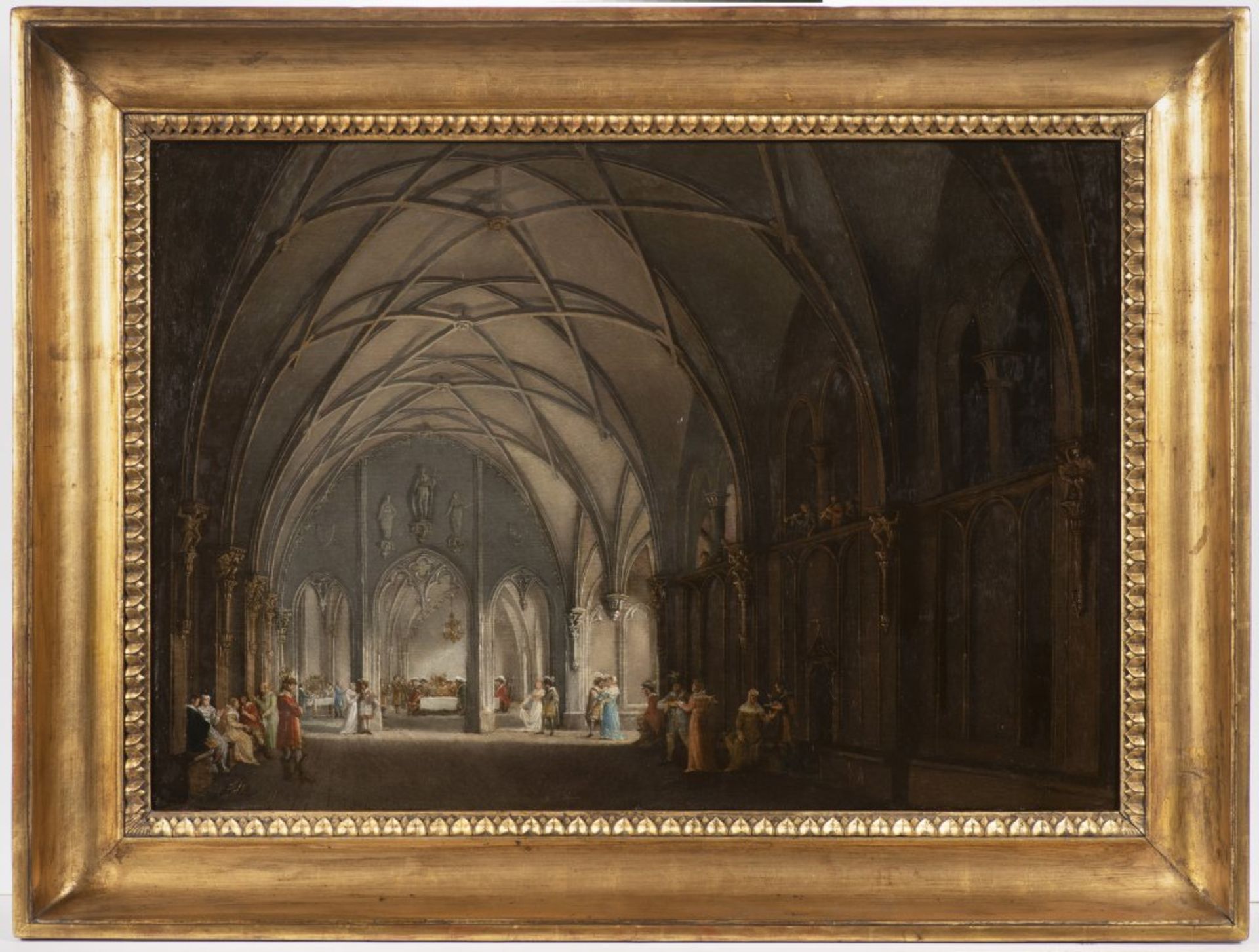 LUDVÍK KOHL 1746 - 1821: A GOTHIC HALL WITH FIGURES 1810 - 1820 Oil on wood panel 49 x 71 cm