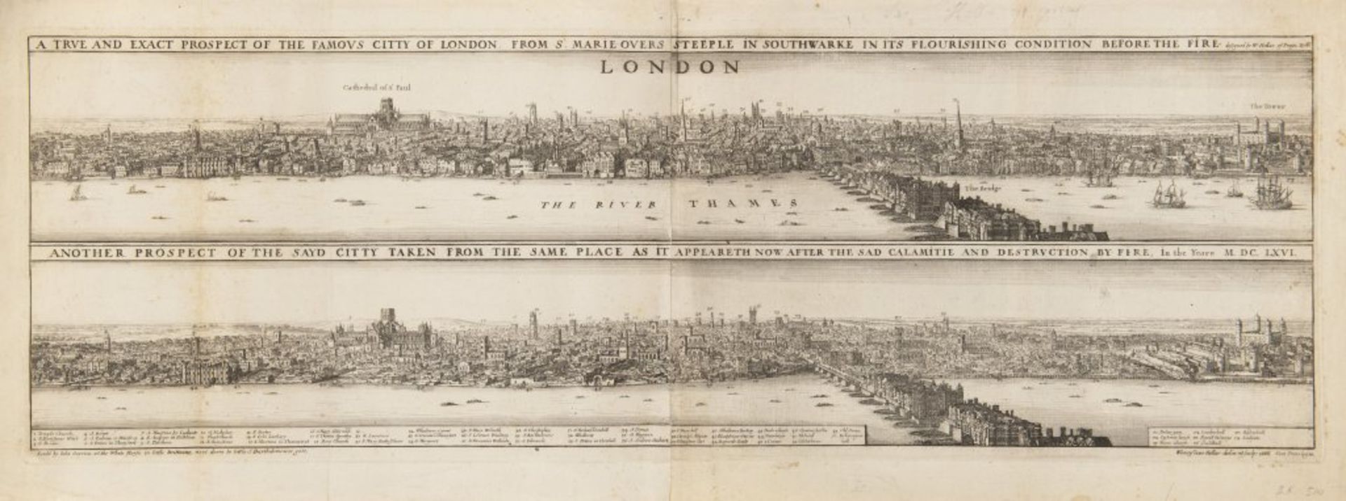 VÁCLAV HOLLAR 1607 - 1677: TWO VISTAS OF LONDON – BEFORE AND AFTER THE FIRE 1666 Etching 27 x 72