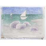JAN ZRZAVÝ 1890 - 1977: PURPLE BOULDERS, WHITE BOAT 1968 Color pastels and pencil on paper 17,5 x