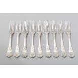 A SET OF NINE FRENCH SILVER ENTREÉ FORKS, the handles with reeded, shell and floral decorations