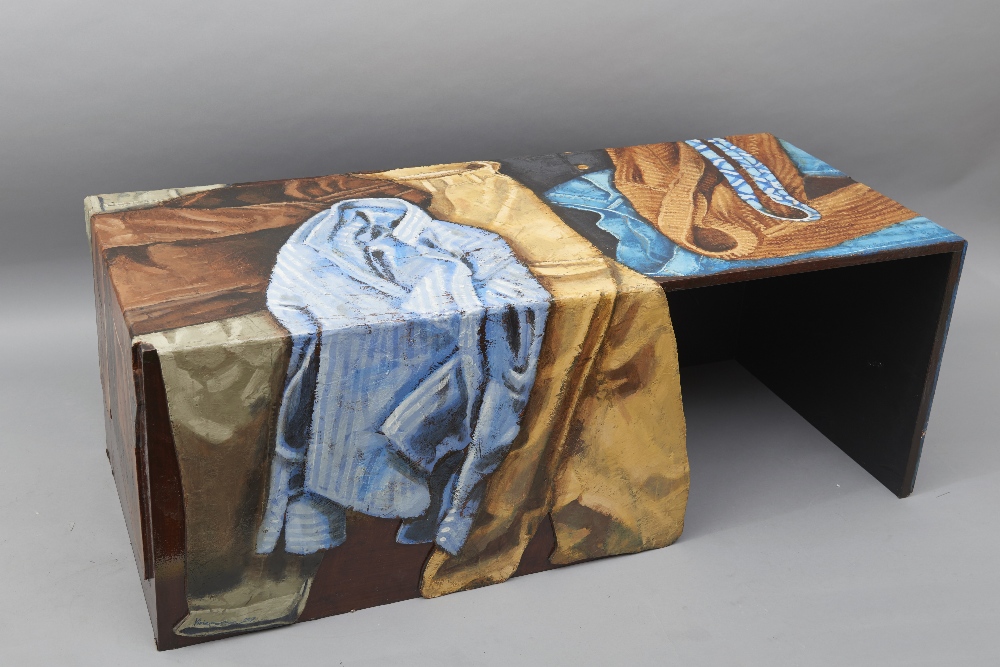 VIVEN KOHLER (1976 -), BENCH ART, wooden bench painted with pieces of men's clothing, signed and