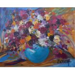 CORNELIUS BOSCH (1956 - 2011), STILL LIFE OF FLOWER IN A BLUE VASE, oil on canvas, signed, 93cm by