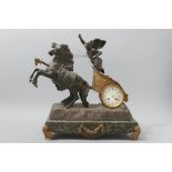 A FRENCH GILT AND MULTI-METAL MANTEL CLOCK, by Nicole Fecamp, depicting a charioteer passant with