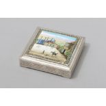 A PERSIAN SILVER AND ENAMEL TRINKET BOX, the square hinged cover with enamel panel of Isfahan-scene,