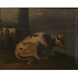 WILLEM ROMEYN (ATTRIB. 1624 - 1694), DUTCH, RESTING COW, oil on board, signed, 20.5cm by 26cm.