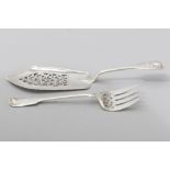 A PAIR OF ENGLISH SILVER FISH SERVERS, LONDON 1905 (FORK), H.A.& S, LONDON 1851 (SLICE) J & A, shell