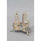 A FRENCH SILVER AND CUTGLASS CRUET SET, BY CARDEILHAC, PARIS, the triangular stand with a reeded and