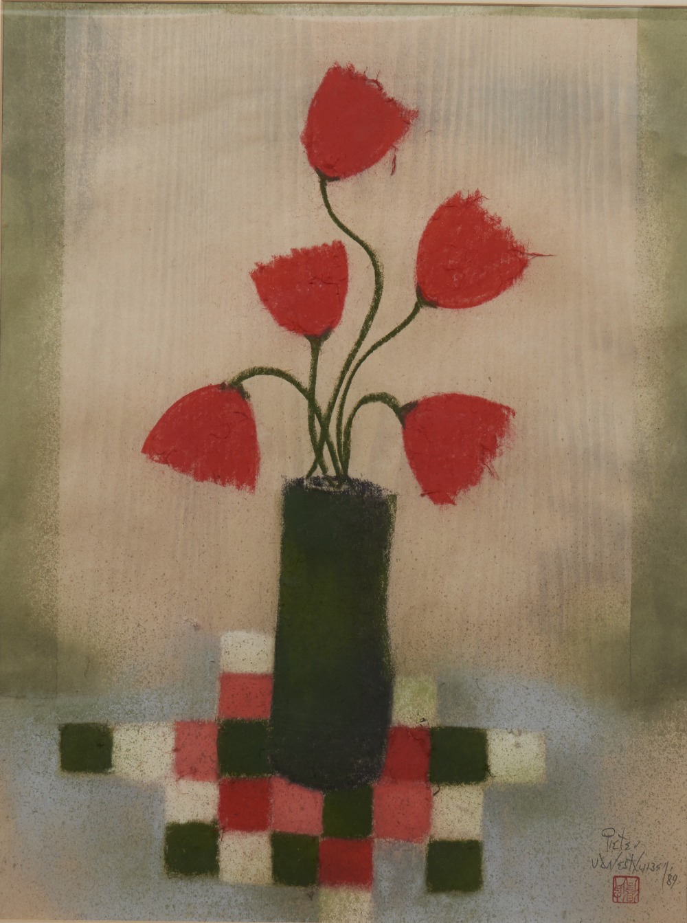 PIETER VAN DER WESTHUIZEN (1931 - 2008), Sill life of poppies in a green vase, mixed media on paper,