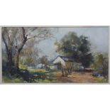 RUTH SQUIBB (1928 - 2012), FARMHOUSE IN LANDSCAPE, oil on board, signed, 39cm by 74cm.